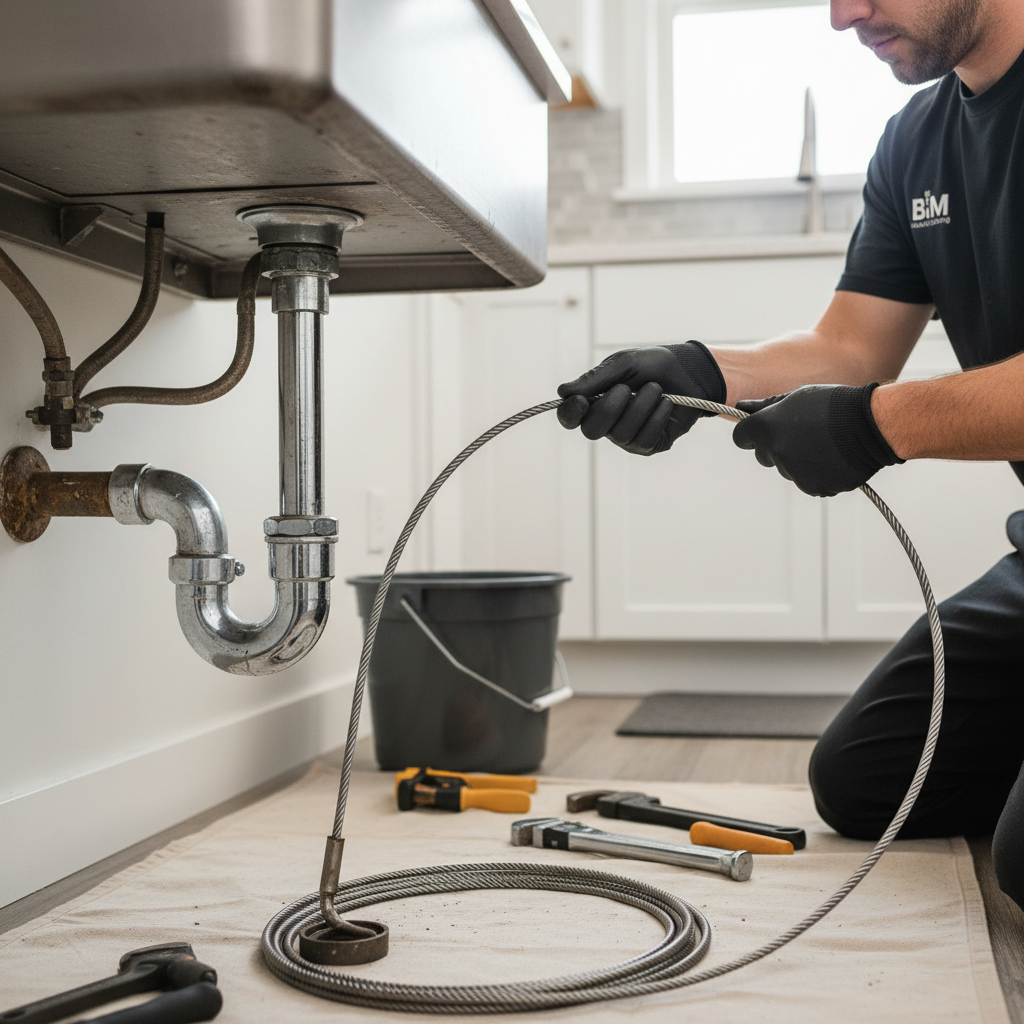 Close-up of a technician performing kitchen drain cleaning with a snake tool in Fredericksburg, VA.