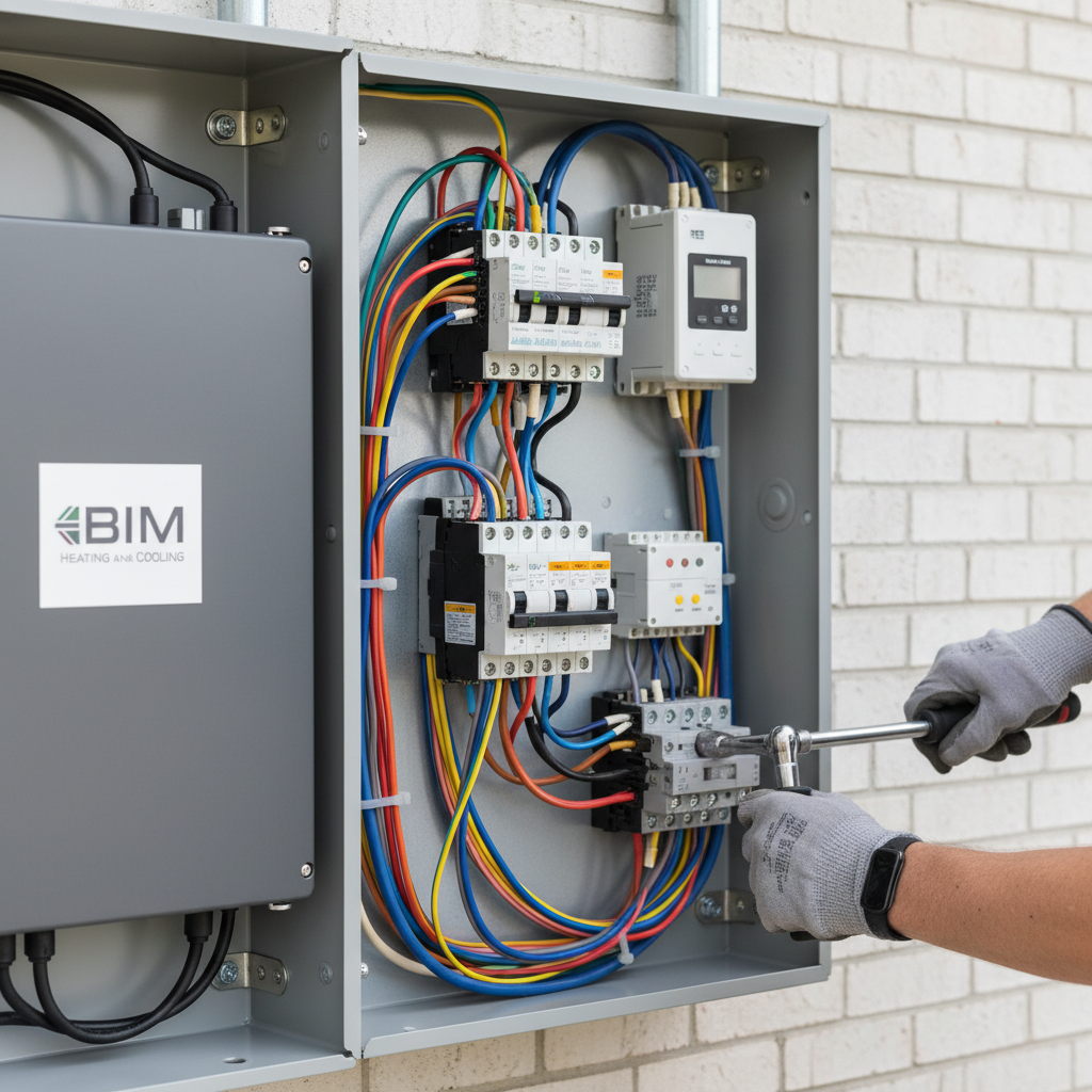 Close-up of a technician performing load management system installation, connecting intricate wiring in Fredericksburg, VA.