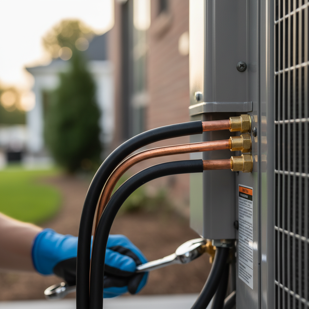 Close-up of a technician performing precise AC installation work in Fredericksburg, VA, connecting copper lines.