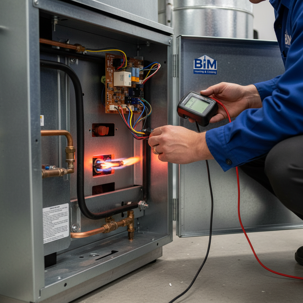 Close-up of a technician performing precise diagnostic checks during emergency furnace repair in Fredericksburg, VA.