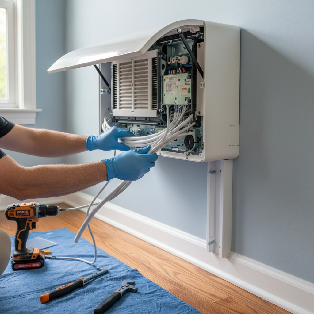 Close-up of a technician performing precise ductless AC installation wiring in a Fredericksburg home.