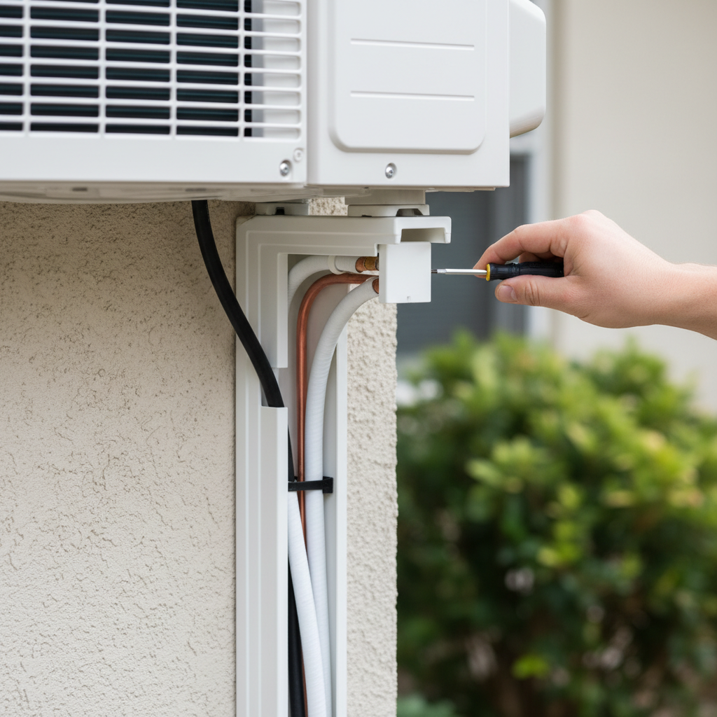 Close-up of a technician performing precise mini split installation work in Fredericksburg, VA, securing wiring.
