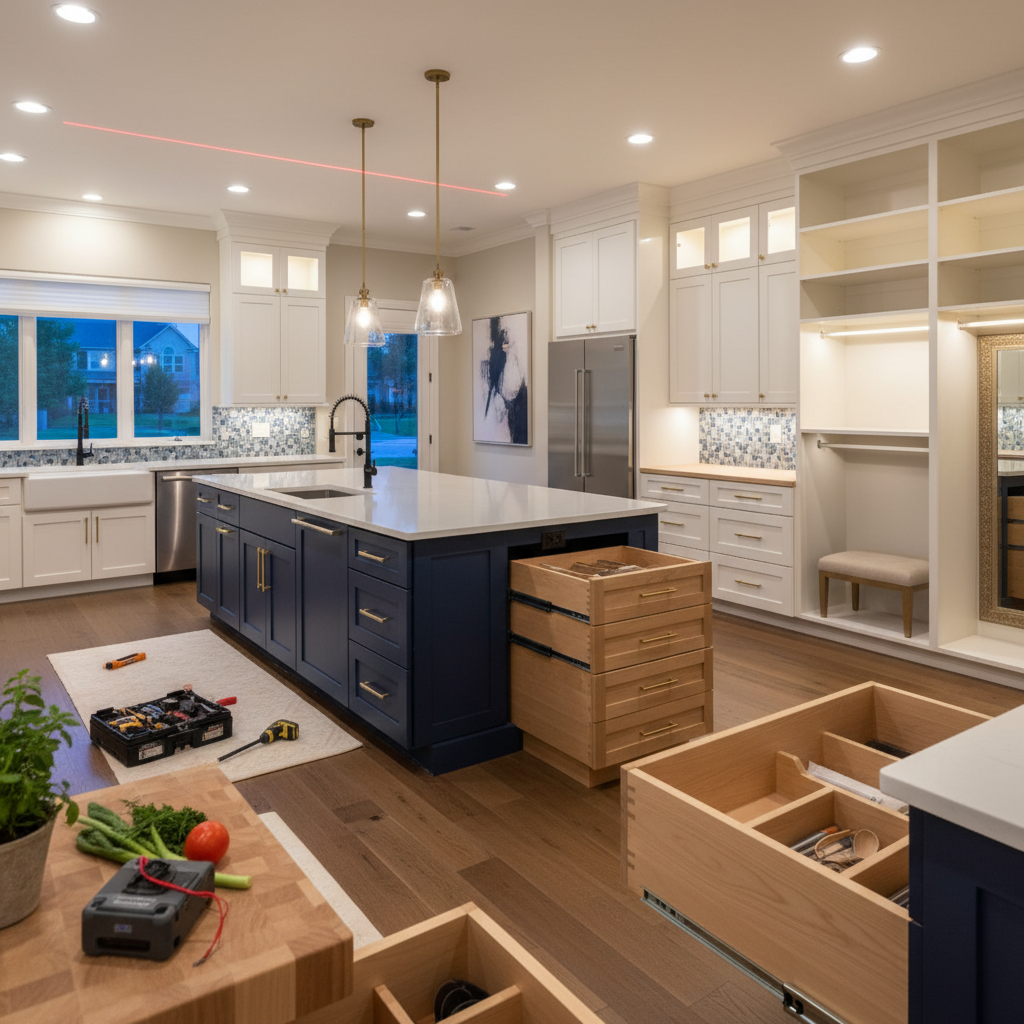 Close-up of a technician performing precise under cabinet lighting installation in Fredericksburg, VA, showcasing wiring detail.