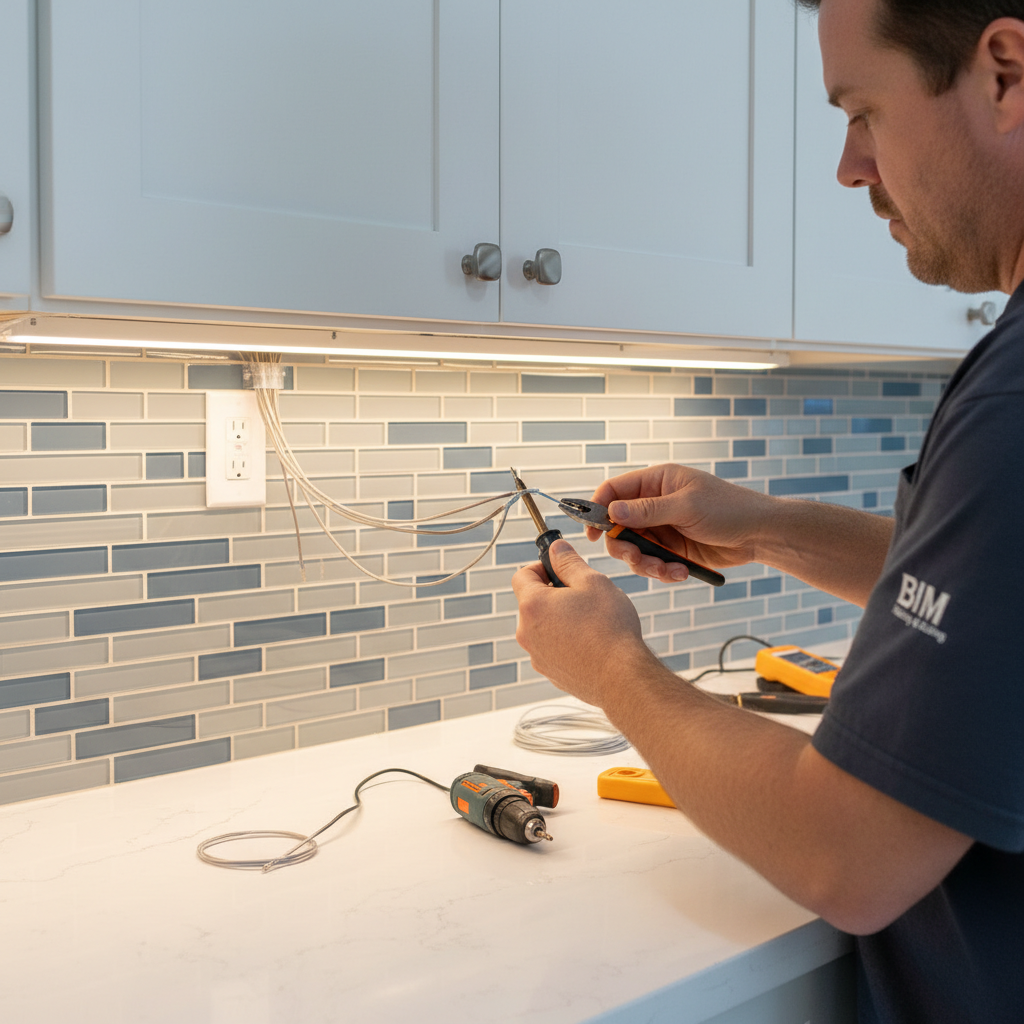 Close-up of a technician performing precise under cabinet lighting installation in Fredericksburg, VA, showcasing wiring detail.
