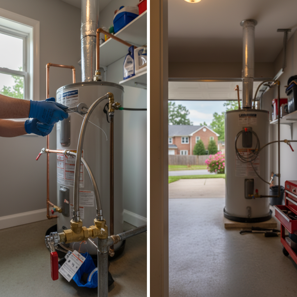 Close-up of a technician performing precise water heater repair in Fredericksburg, VA, tightening connections.