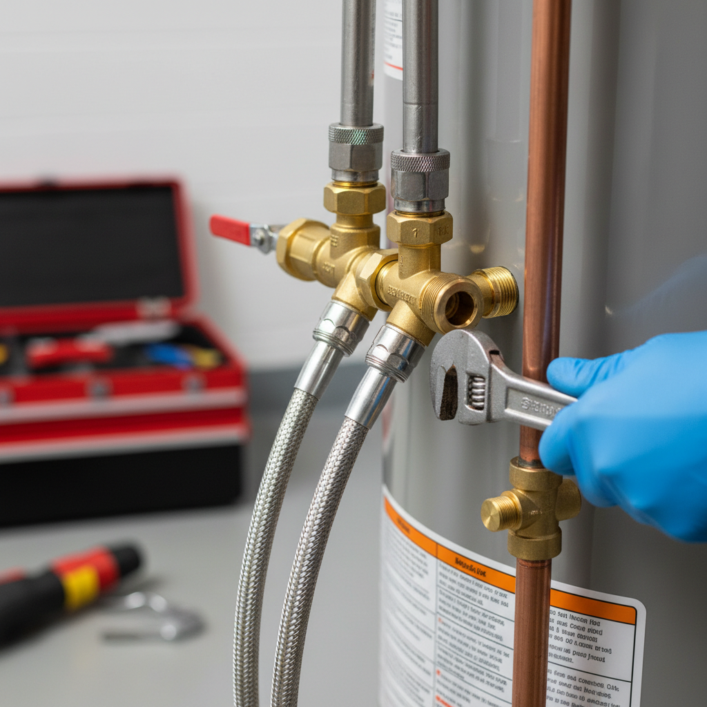Close-up of a technician performing precise water heater repair in Fredericksburg, VA, tightening connections.
