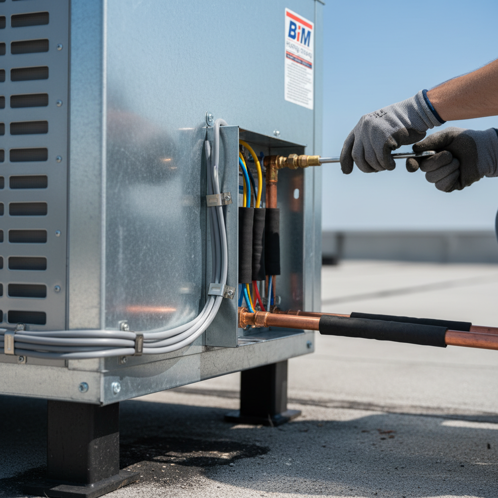 Close-up of a technician performing precise wiring and pipe connections during an RTU replacement in Fredericksburg, VA.
