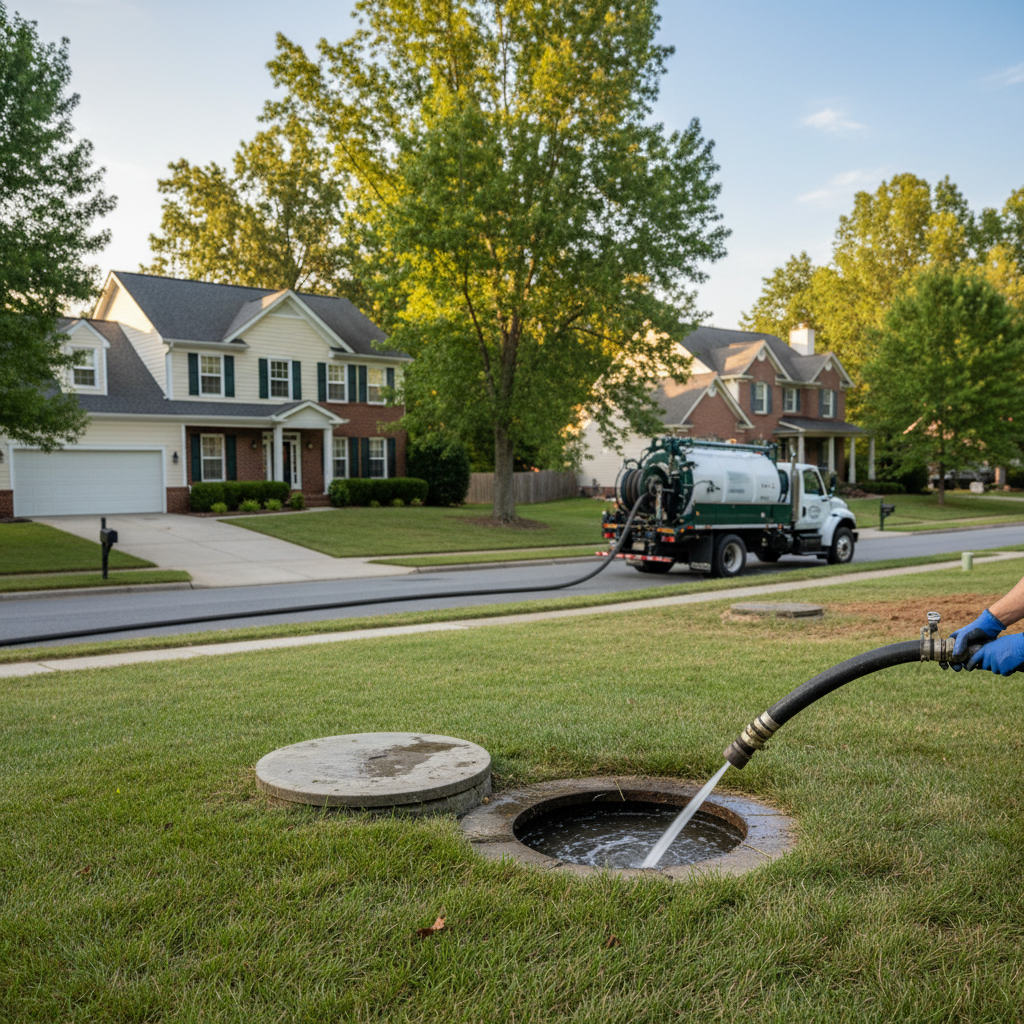 Close-up of a technician performing septic tank cleaning in Fredericksburg, VA, showing the hose and tank opening.