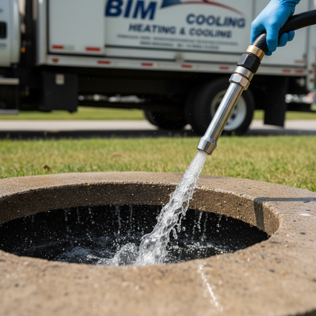 Close-up of a technician performing septic tank cleaning in Fredericksburg, VA, showing the hose and tank opening.