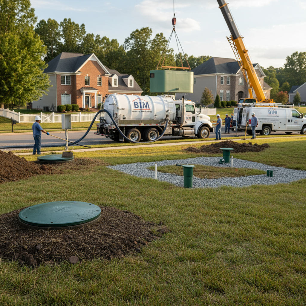 Close-up of a technician performing septic tank pumping service in Fredericksburg, VA, showing the hose in action.
