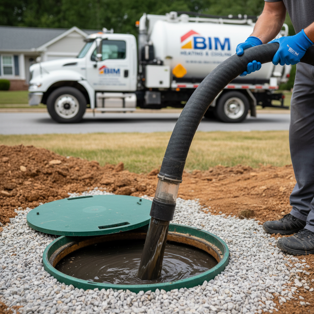 Close-up of a technician performing septic tank pumping service in Fredericksburg, VA, showing the hose in action.