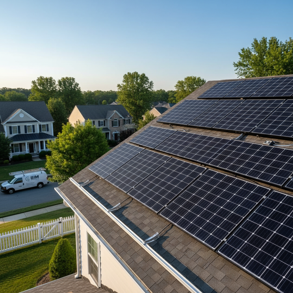 Close-up of a technician performing solar energy system service, tightening hardware on a panel in Fredericksburg, VA.