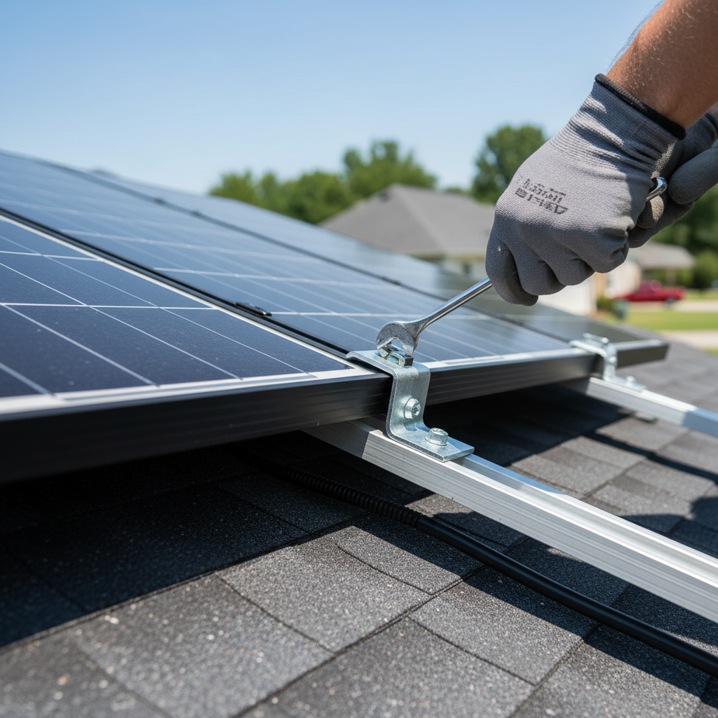 Close-up of a technician performing solar energy system service, tightening hardware on a panel in Fredericksburg, VA.