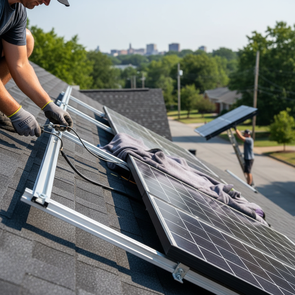 Close-up of a technician performing solar panel removal and reinstall work on a roof in Fredericksburg, VA.