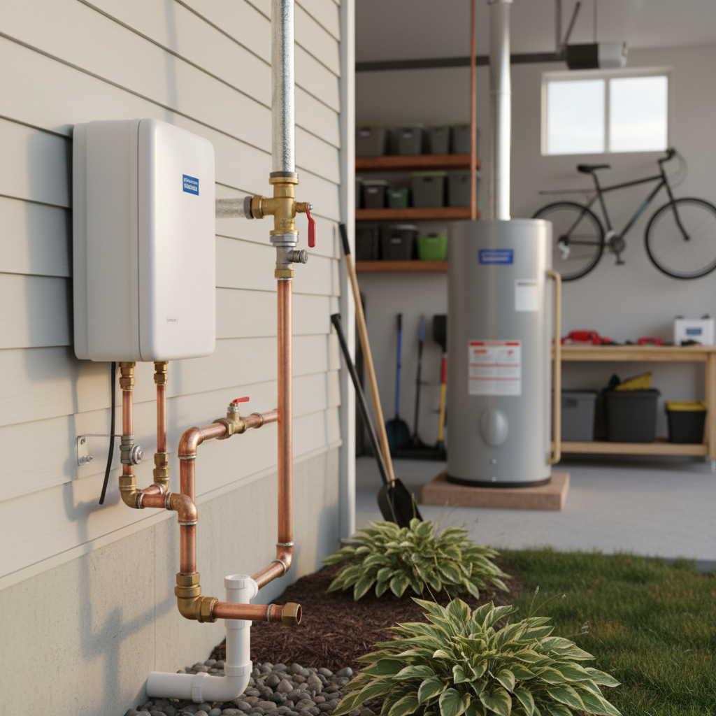 Close-up of a technician performing water heater installation in Fredericksburg, VA, showcasing detailed pipework and connections.