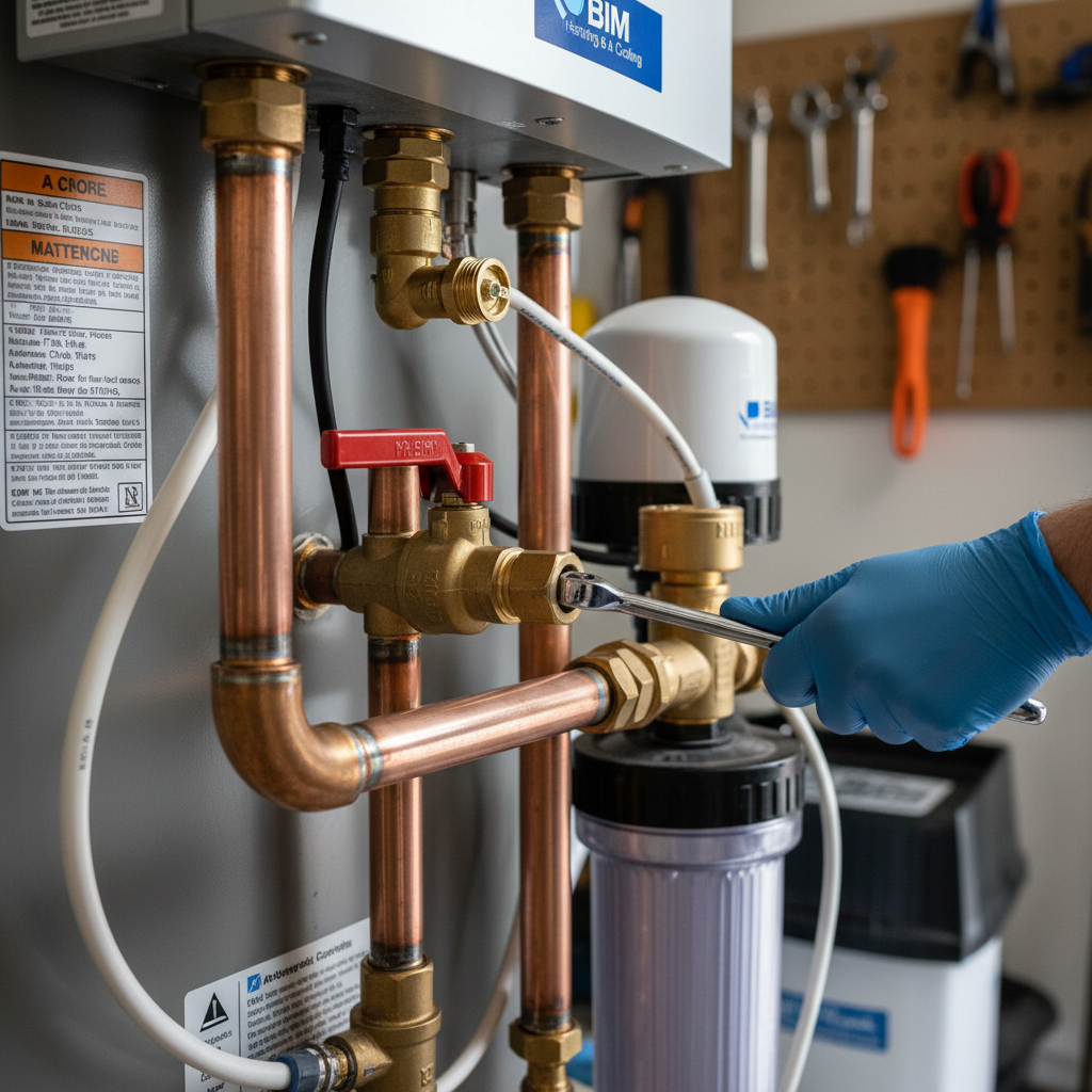 Close-up of a technician performing water heater installation in Fredericksburg, VA, showcasing detailed pipework and connections.