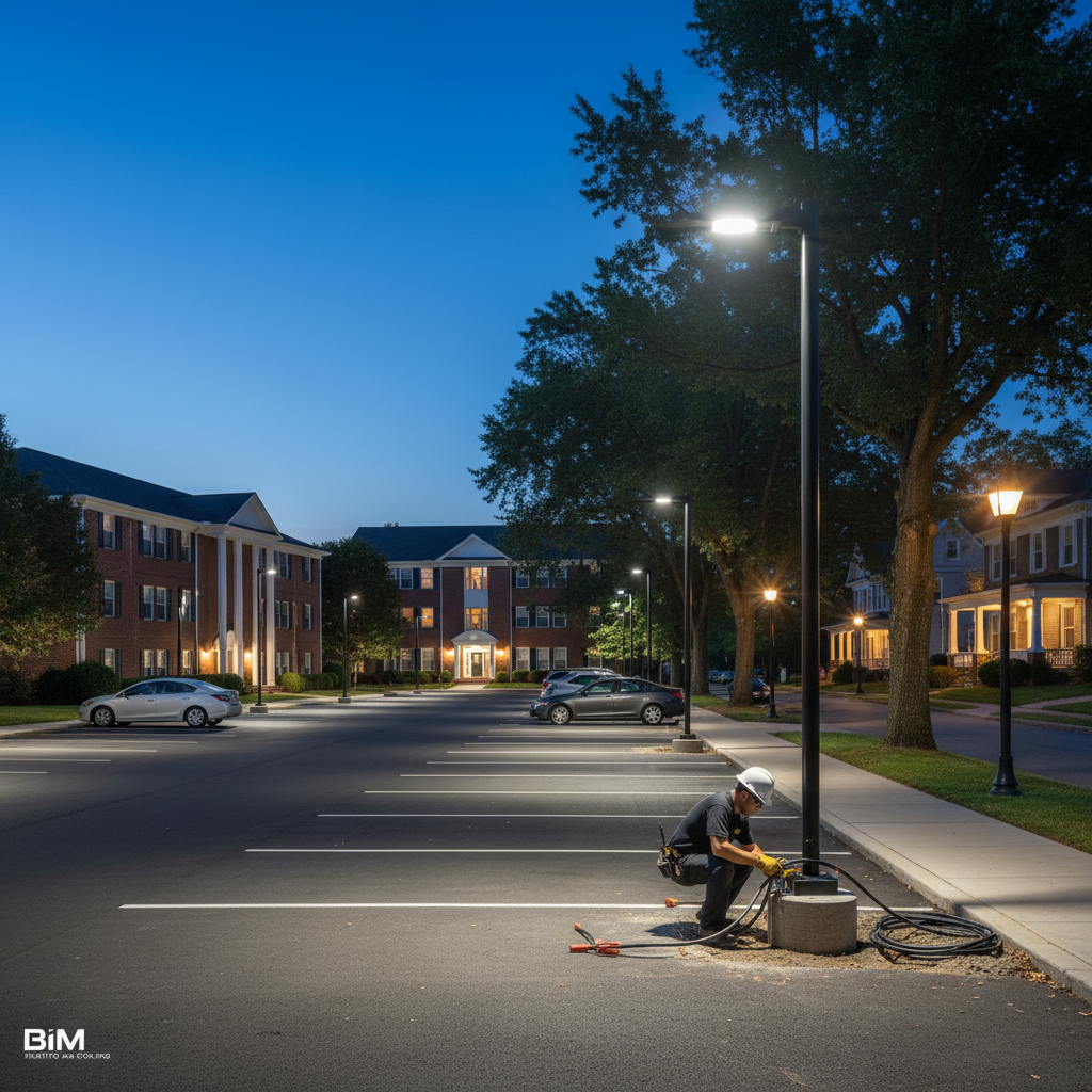 Close-up of a technician performing wiring work during a parking lot lighting installation in Fredericksburg, VA.
