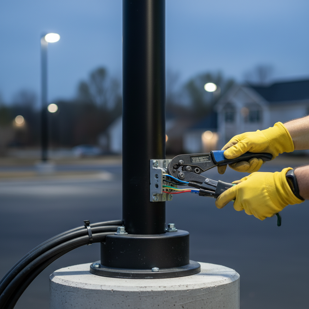 Close-up of a technician performing wiring work during a parking lot lighting installation in Fredericksburg, VA.