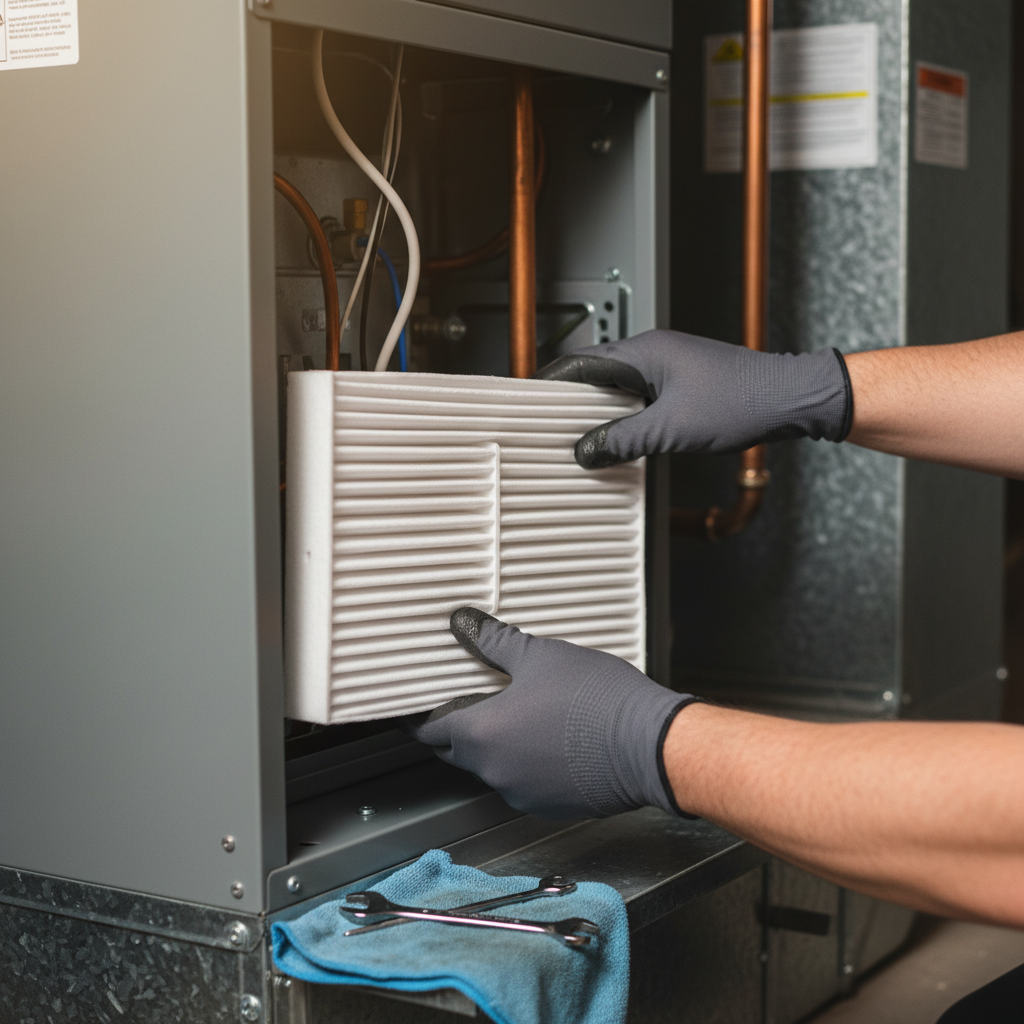 Close-up of a technician replacing an air filter during HVAC maintenance in Fredericksburg, VA.