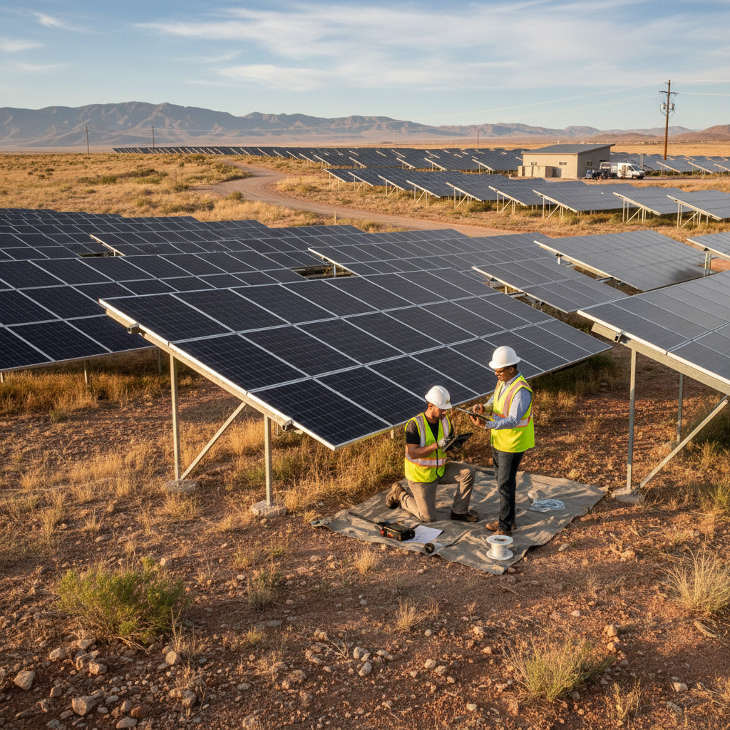 Close-up of a technician working on a ground mount solar installation, ensuring precise wiring.