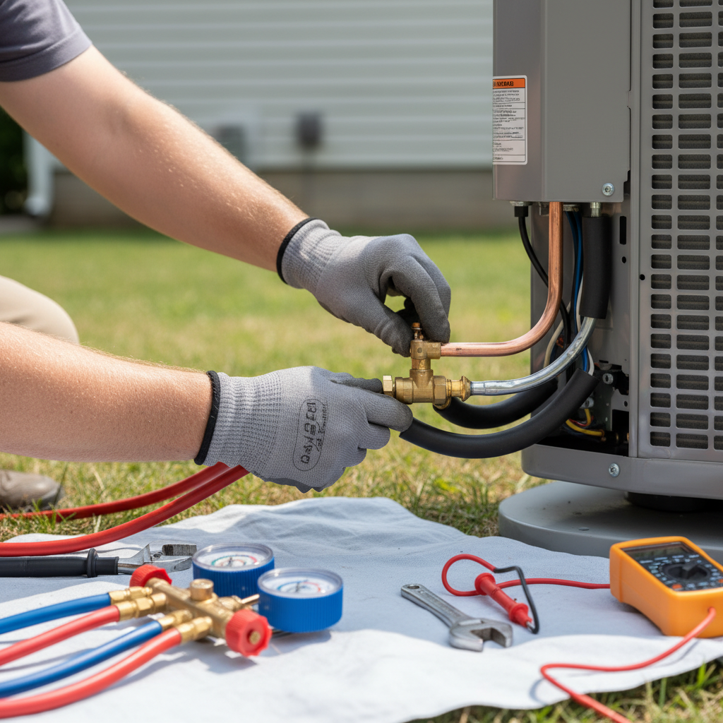 Close-up of a technician working on AC not cooling repair components and lines in Fredericksburg.