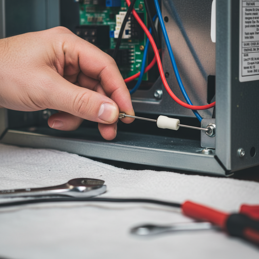 Close-up of a technician's hand expertly performing a furnace flame sensor replacement in Fredericksburg, VA.