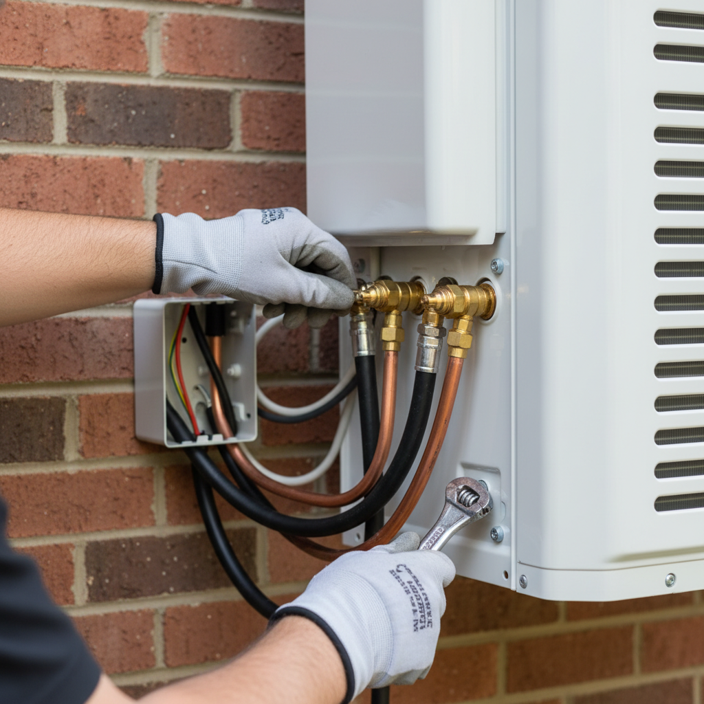 Close-up of a technician's hands connecting copper lines during a heat pump installation in Fredericksburg.