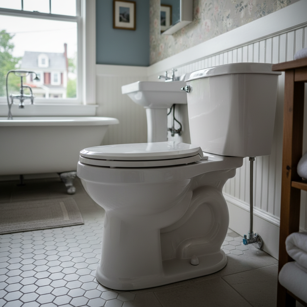 Close-up of a technician's hands in blue gloves performing professional toilet repair, tightening connections for a client in Fredericksburg, VA.
