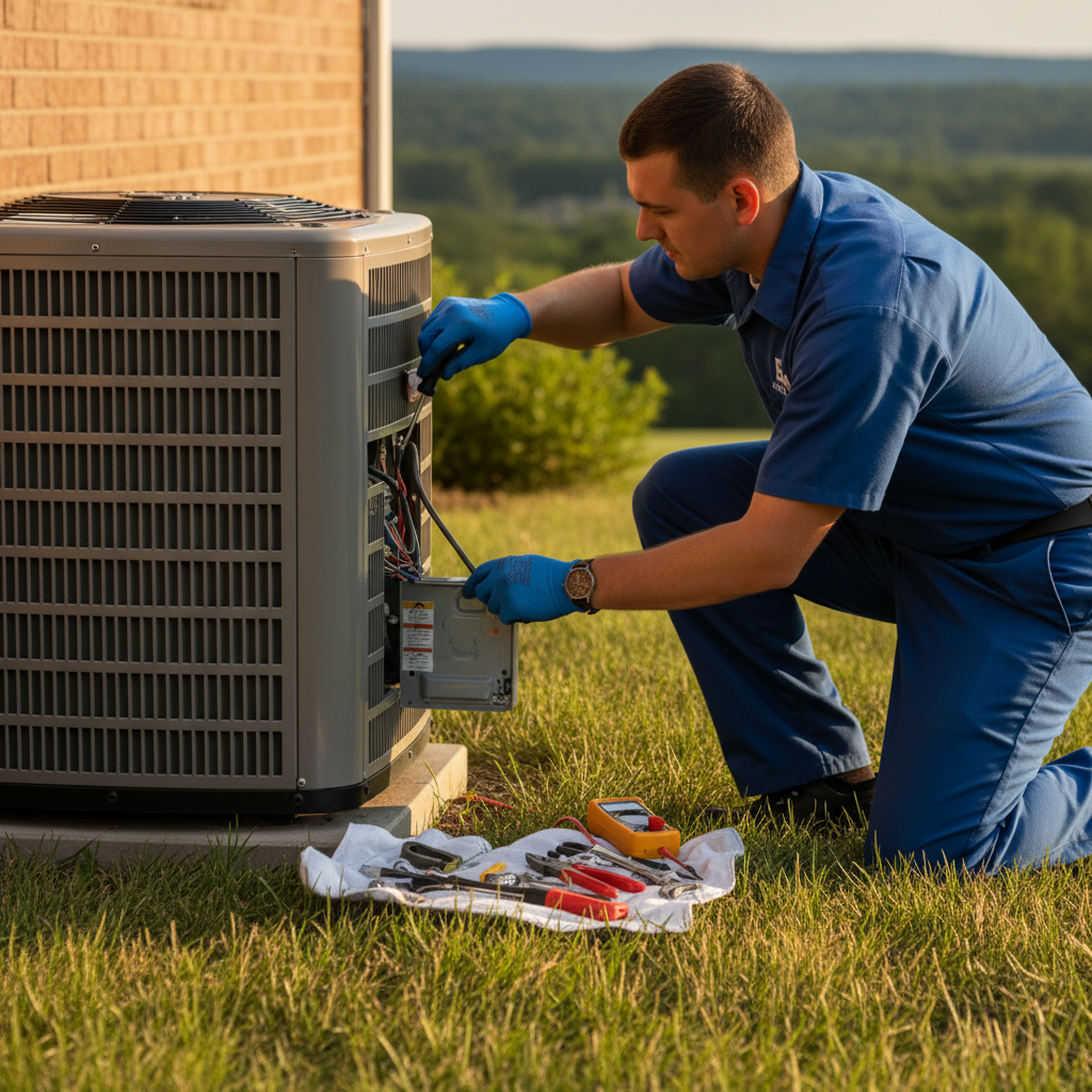 Close-up of a technician's hands repairing an outdoor air conditioning unit in Fredericksburg, VA.