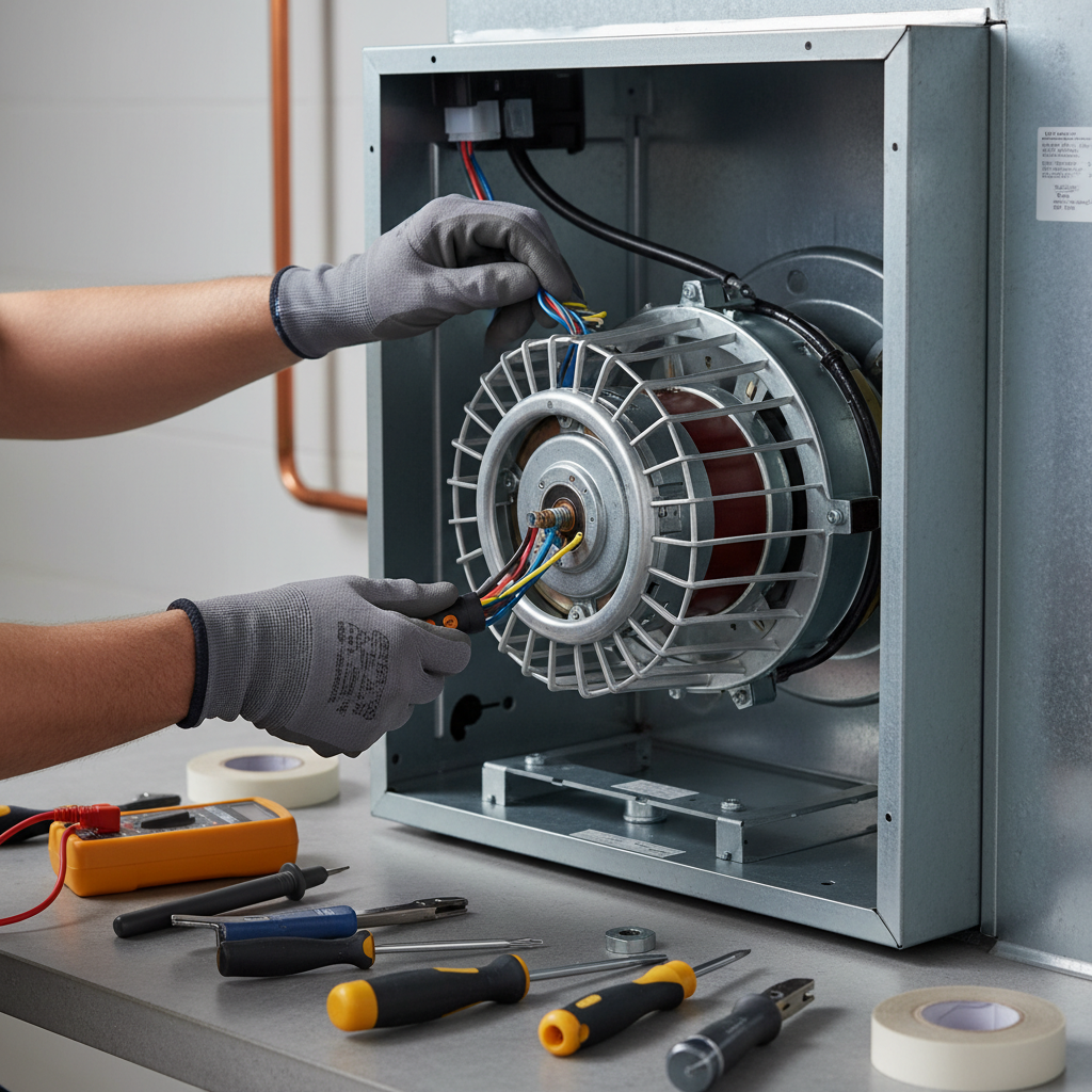 Close-up of a technician's hands working on a furnace blower motor during a repair in Fredericksburg.