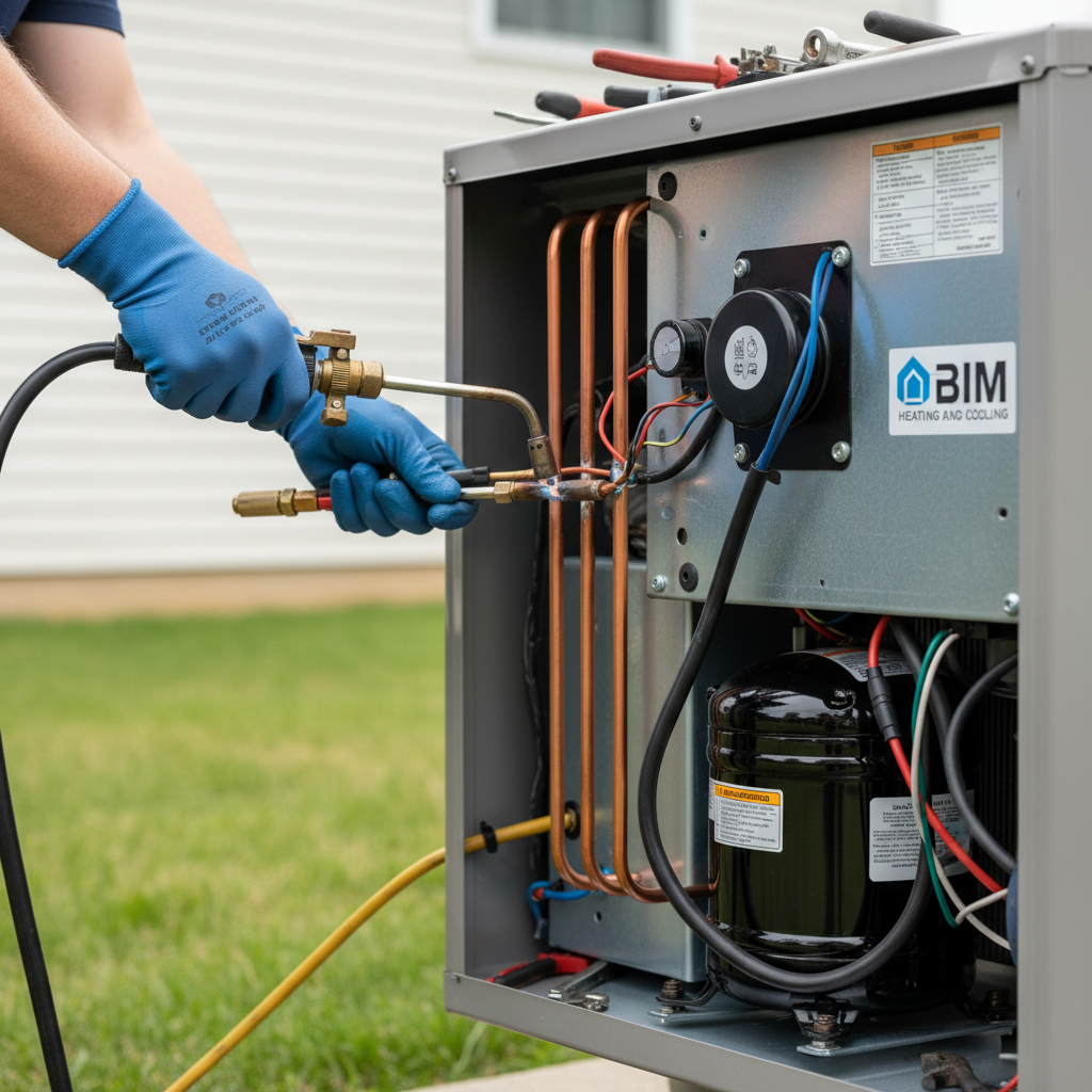 Close-up of an air conditioning contractor working on the internal components and wiring of an HVAC unit in Fredericksburg.