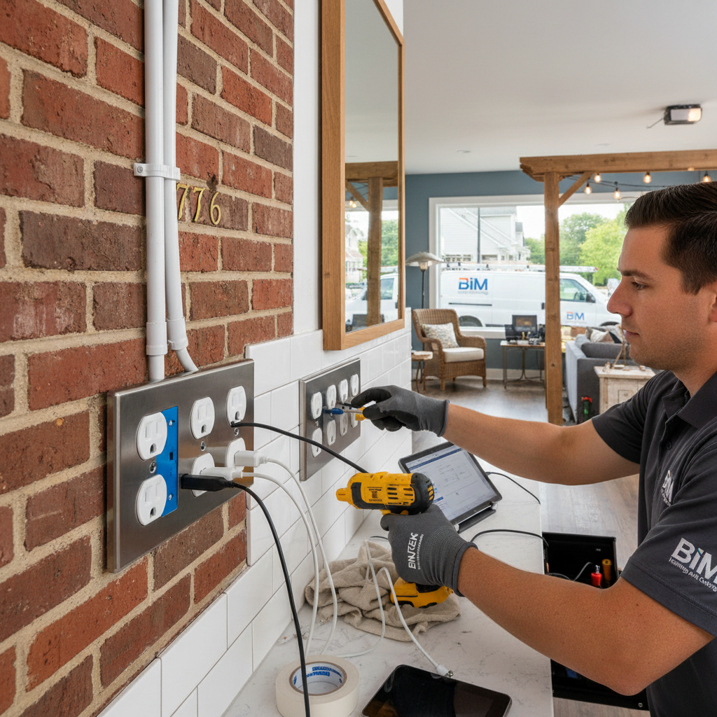 Close-up of an electrician installing a new electrical outlet with tools in Fredericksburg, VA.