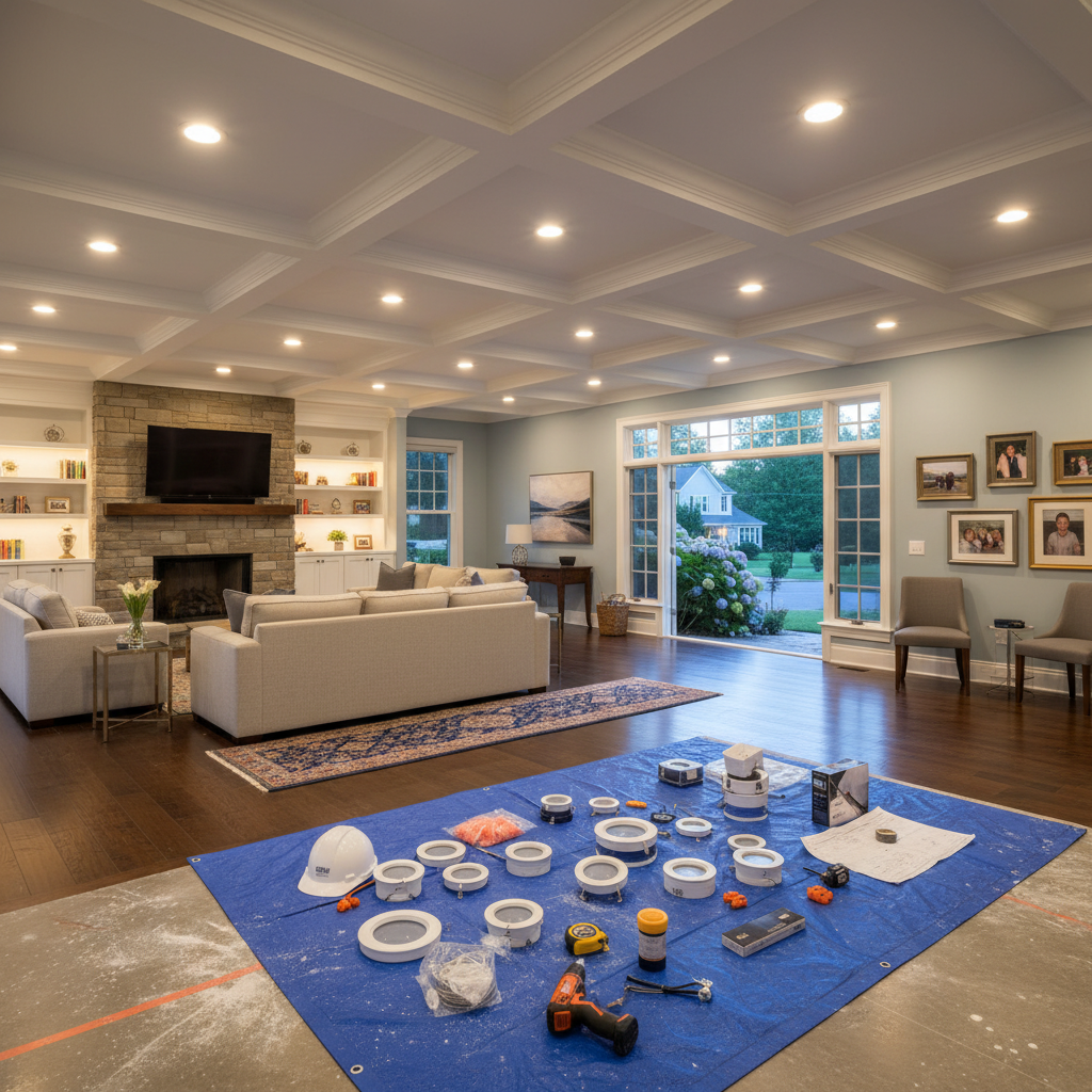 Close-up of an electrician installing recessed lighting in a home in Fredericksburg, VA, showcasing the detailed work.