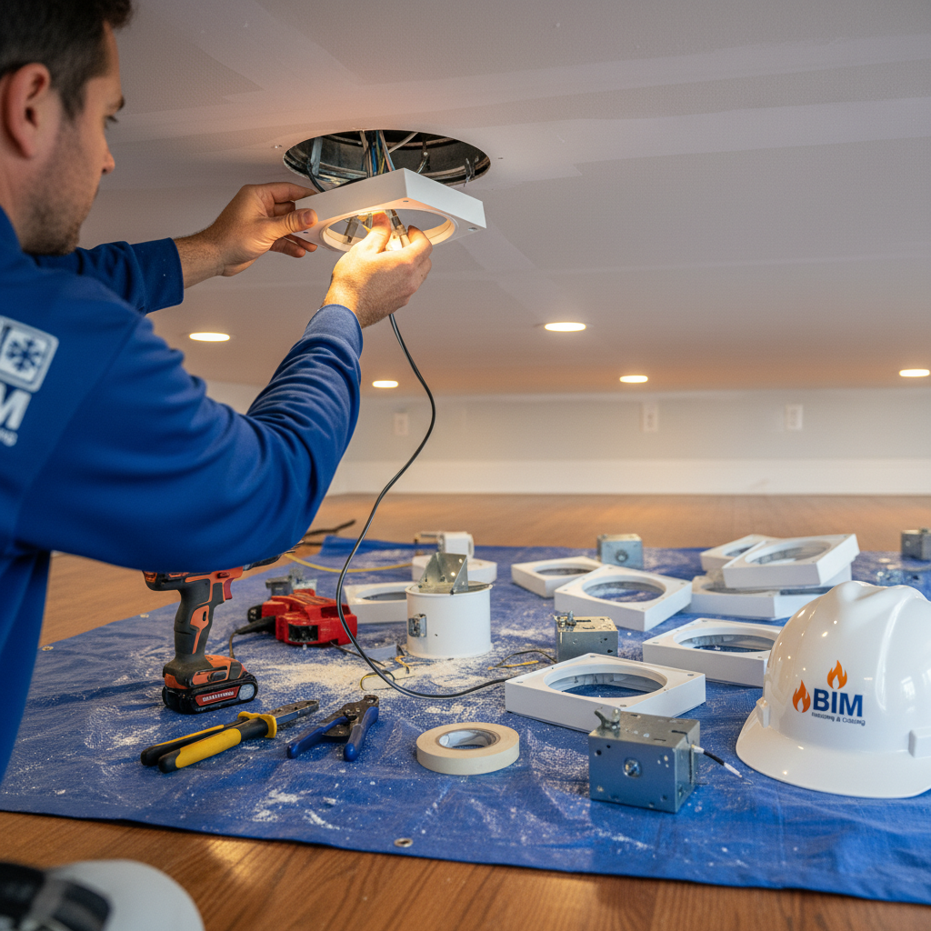 Close-up of an electrician installing recessed lighting in a home in Fredericksburg, VA, showcasing the detailed work.