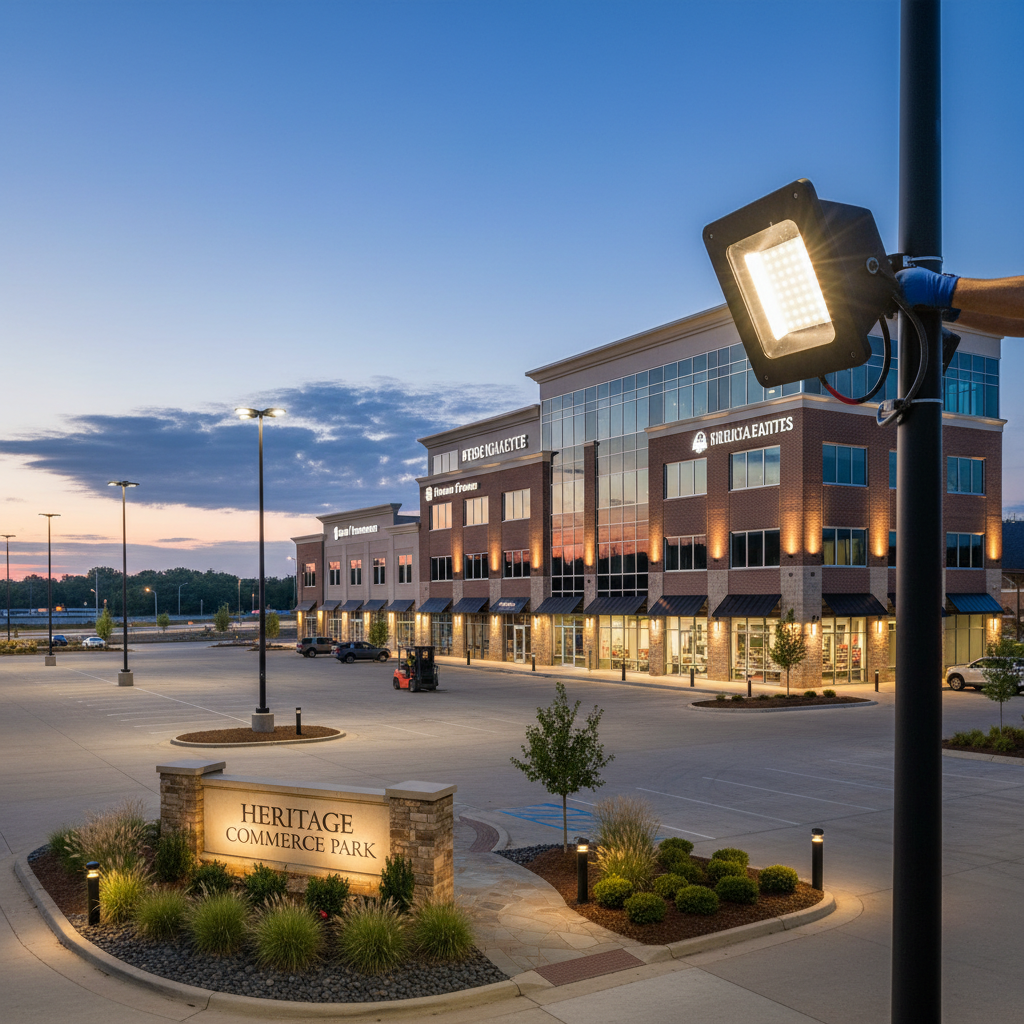 Close-up of an electrician performing a commercial lighting installation in Fredericksburg, VA, connecting wires to an LED fixture.