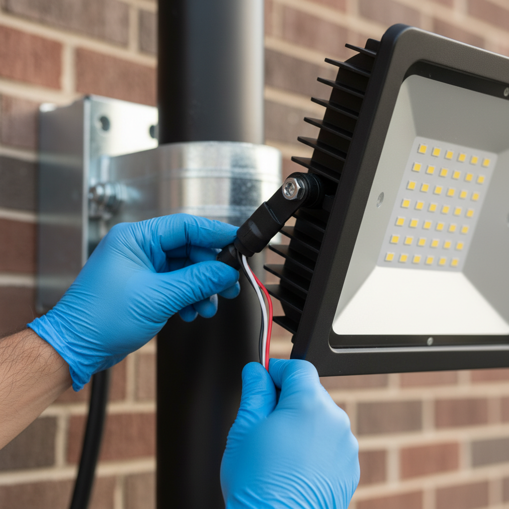Close-up of an electrician performing a commercial lighting installation in Fredericksburg, VA, connecting wires to an LED fixture.