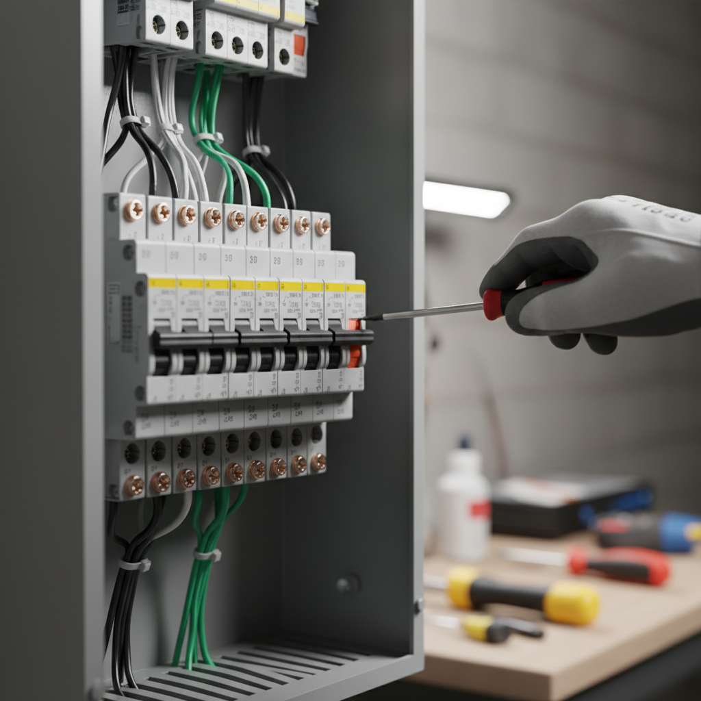 Close-up of an electrician performing a detailed electrical repair on a circuit breaker panel in Fredericksburg.