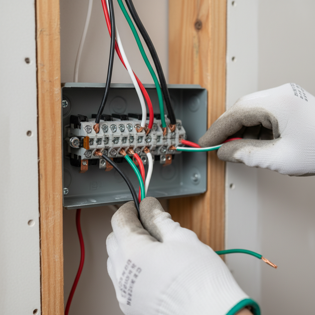 Close-up of an electrician performing a detailed wiring repair in Fredericksburg, VA, showing connections.