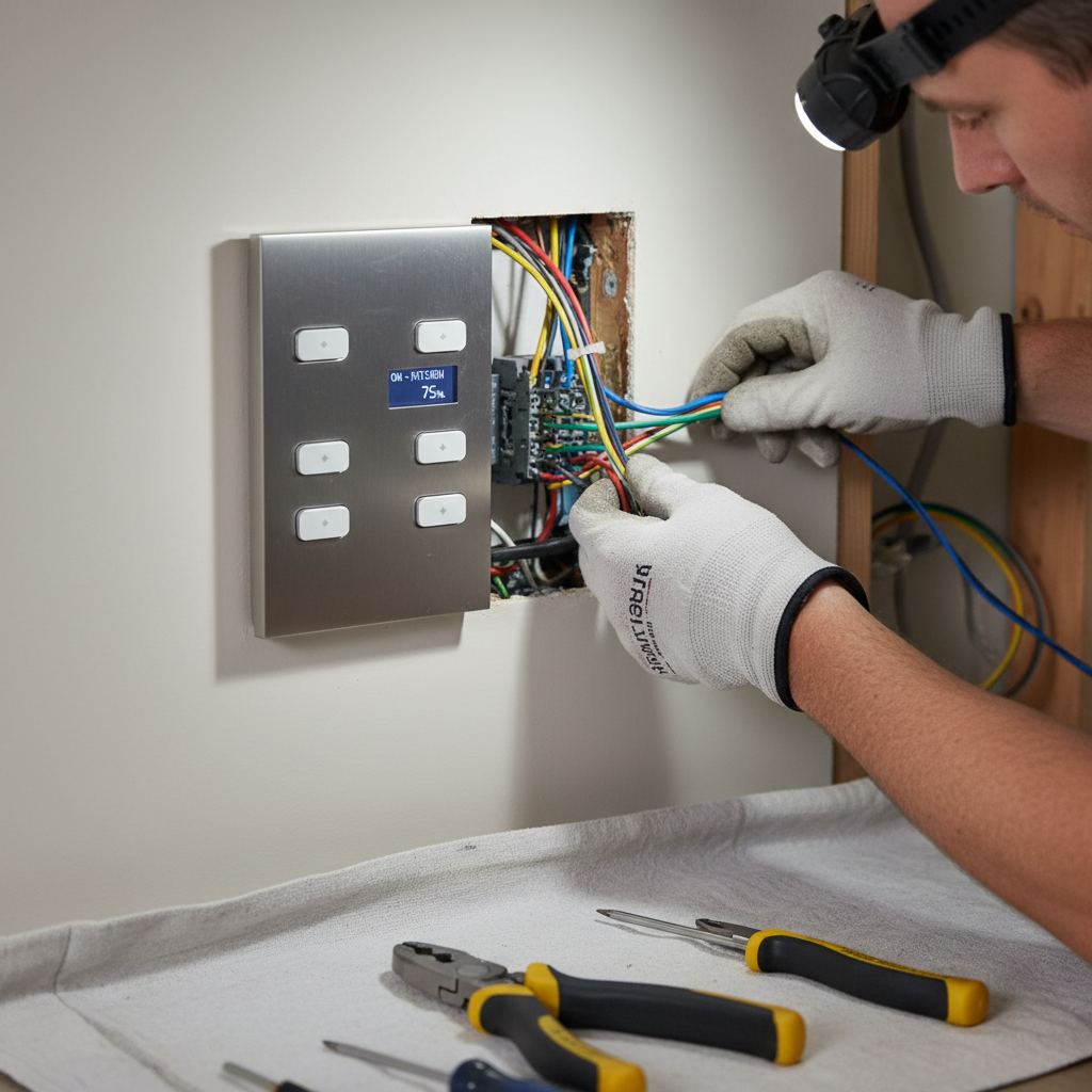Close-up of an electrician performing a lighting control system installation in Fredericksburg, Virginia.