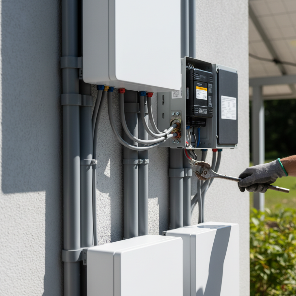 Close-up of an electrician performing a solar battery storage installation with wiring and hardware in Fredericksburg, VA.