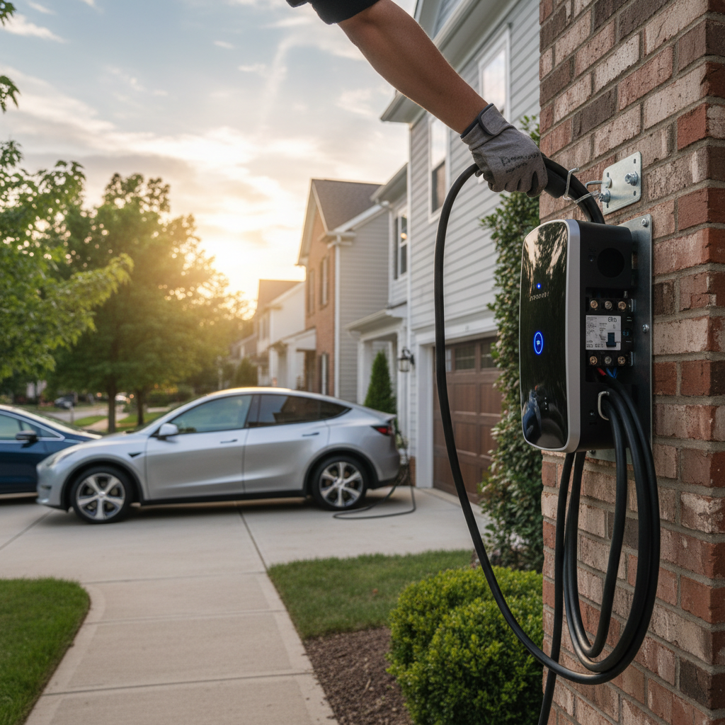 Close-up of an electrician performing an electric vehicle charger installation, wiring components in Fredericksburg, VA.
