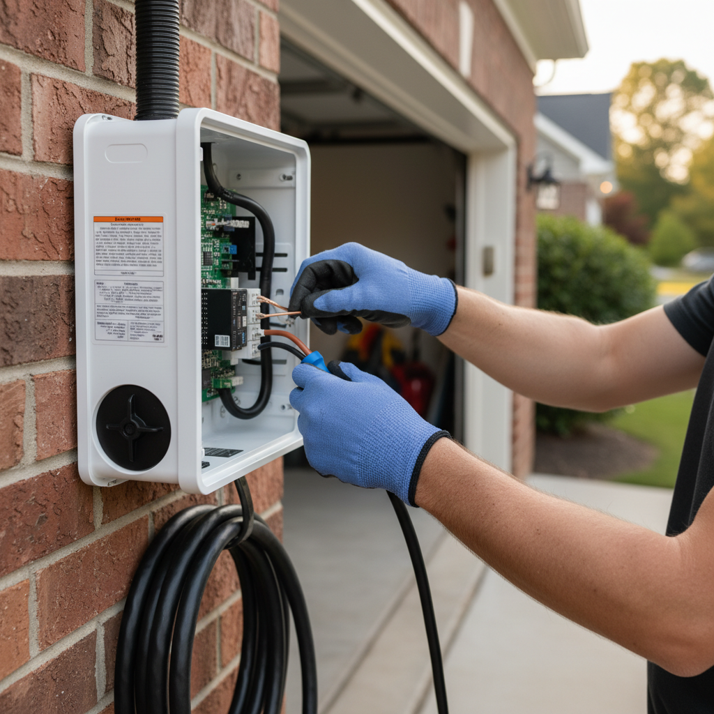 Close-up of an electrician performing an electric vehicle charger installation, wiring components in Fredericksburg, VA.
