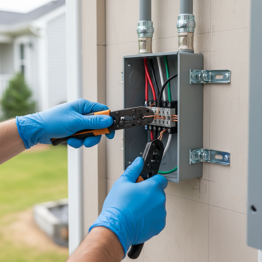 Close-up of an electrician performing an electrical installation service in Fredericksburg, VA, connecting wires.