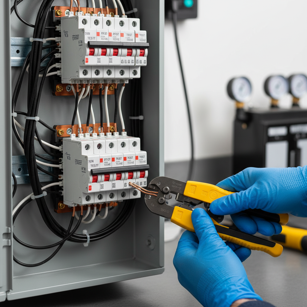 Close-up of an electrician performing arc fault breaker installation with wiring tools in Fredericksburg, VA.