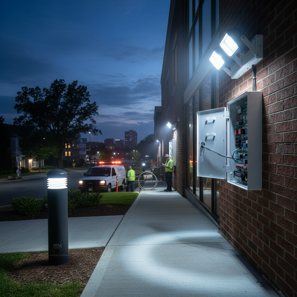 Close-up of an electrician performing emergency lighting installation wiring and testing in Fredericksburg, VA.