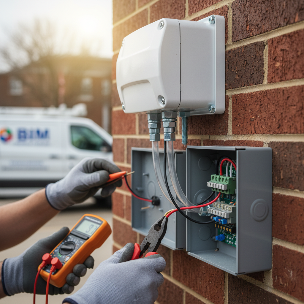 Close-up of an electrician performing emergency lighting installation wiring and testing in Fredericksburg, VA.