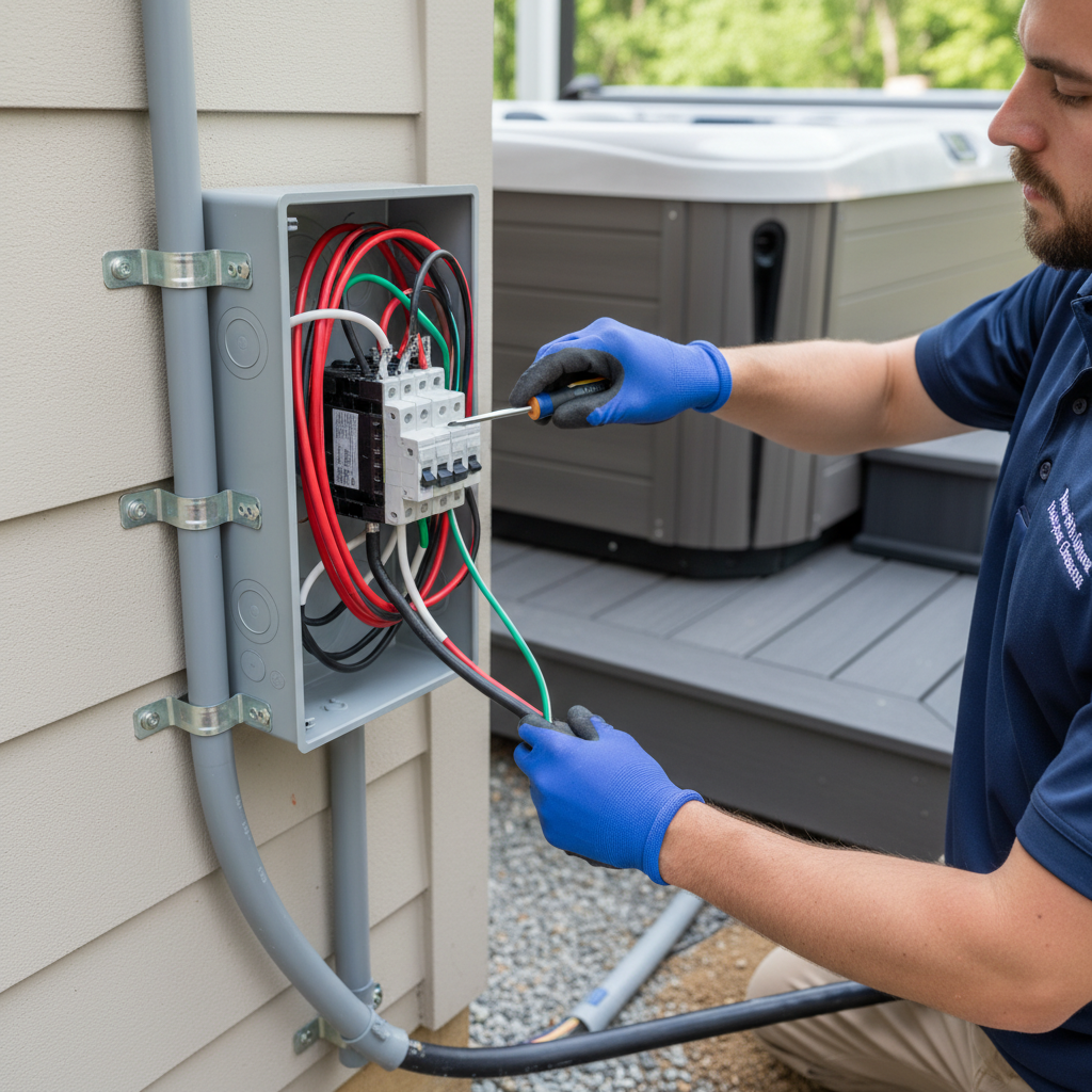 Close-up of an electrician performing hot tub electrical installation in Fredericksburg, VA, showing wiring.