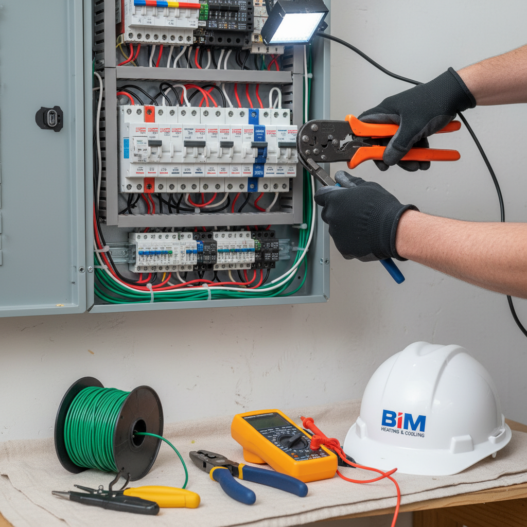 Close-up of an electrician performing meticulous wiring work on a circuit breaker in Fredericksburg, VA.