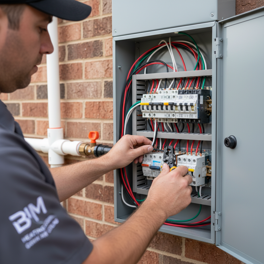 Close-up of an electrician performing subpanel installation, meticulously wiring components in Fredericksburg, VA.