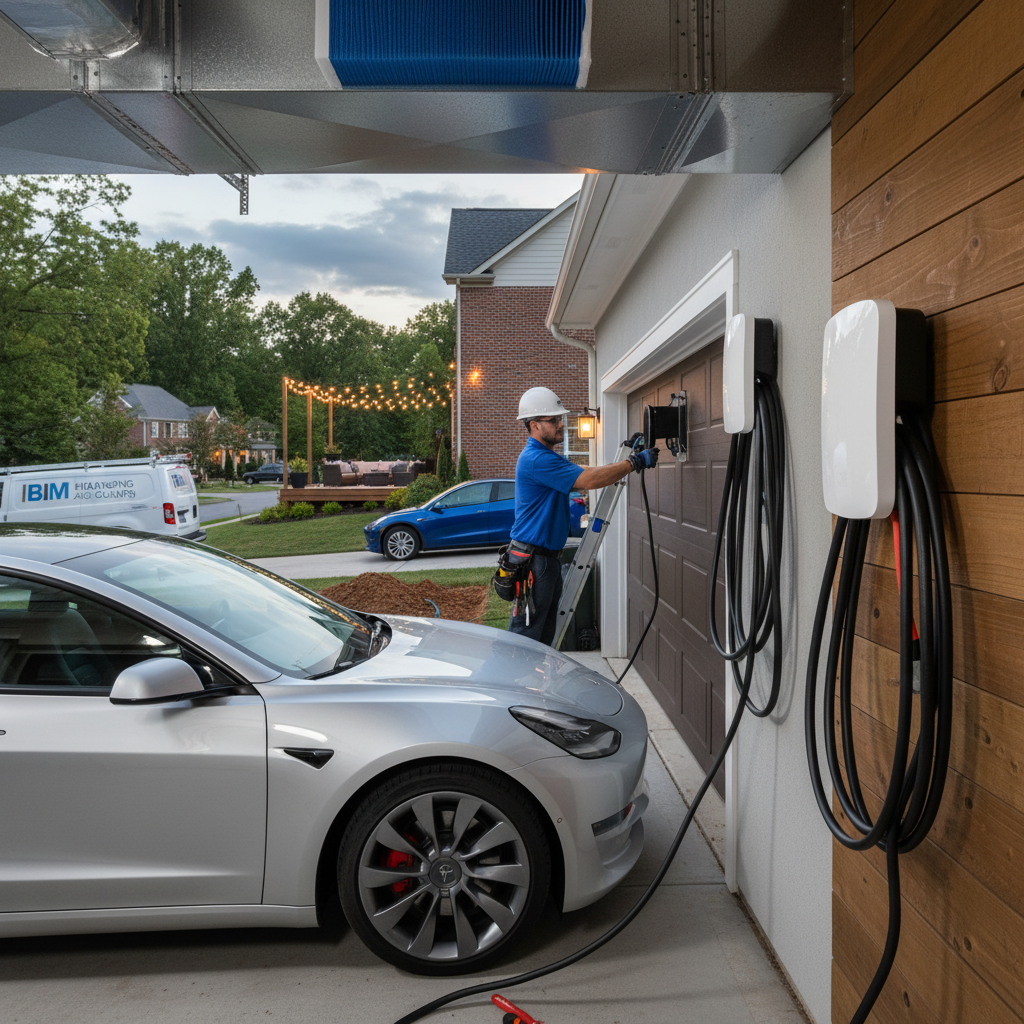 Close-up of an electrician performing Tesla Wall Connector installation in Fredericksburg, VA, showing wiring.